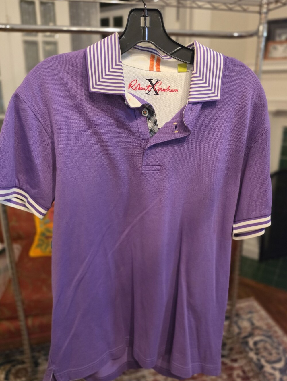 Robert Graham Men's Purple Polo Shirt with Striped Collar. Tailored Fit.